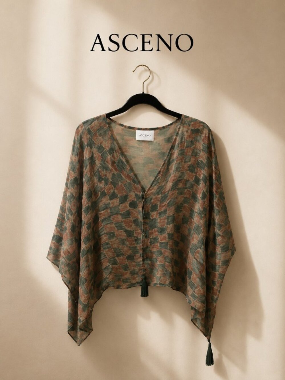 ASCENO 100% Silk Kimono Tunic Top Geometric Print Tassel Tie One Size EUC Boho